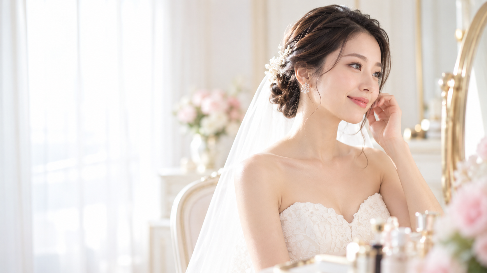 ウェディングドレス姿の女性。顔・首・肩・デコルテの見える明るい写真