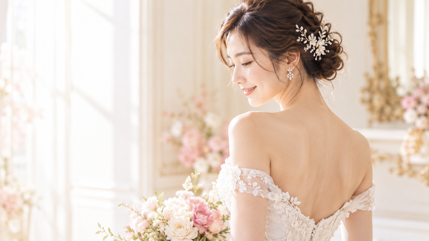 ウェディングドレス姿の後ろ姿。首・肩・背中を含む写真