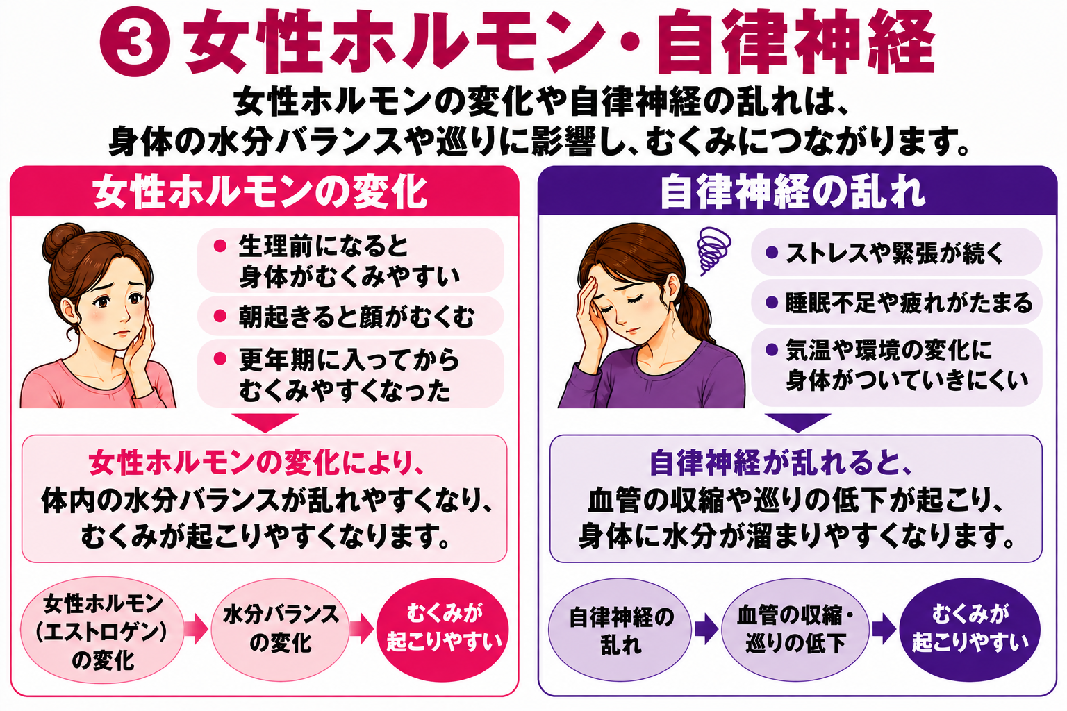女性ホルモンの変化と自律神経、水分バランスとむくみの関係を示す図解
