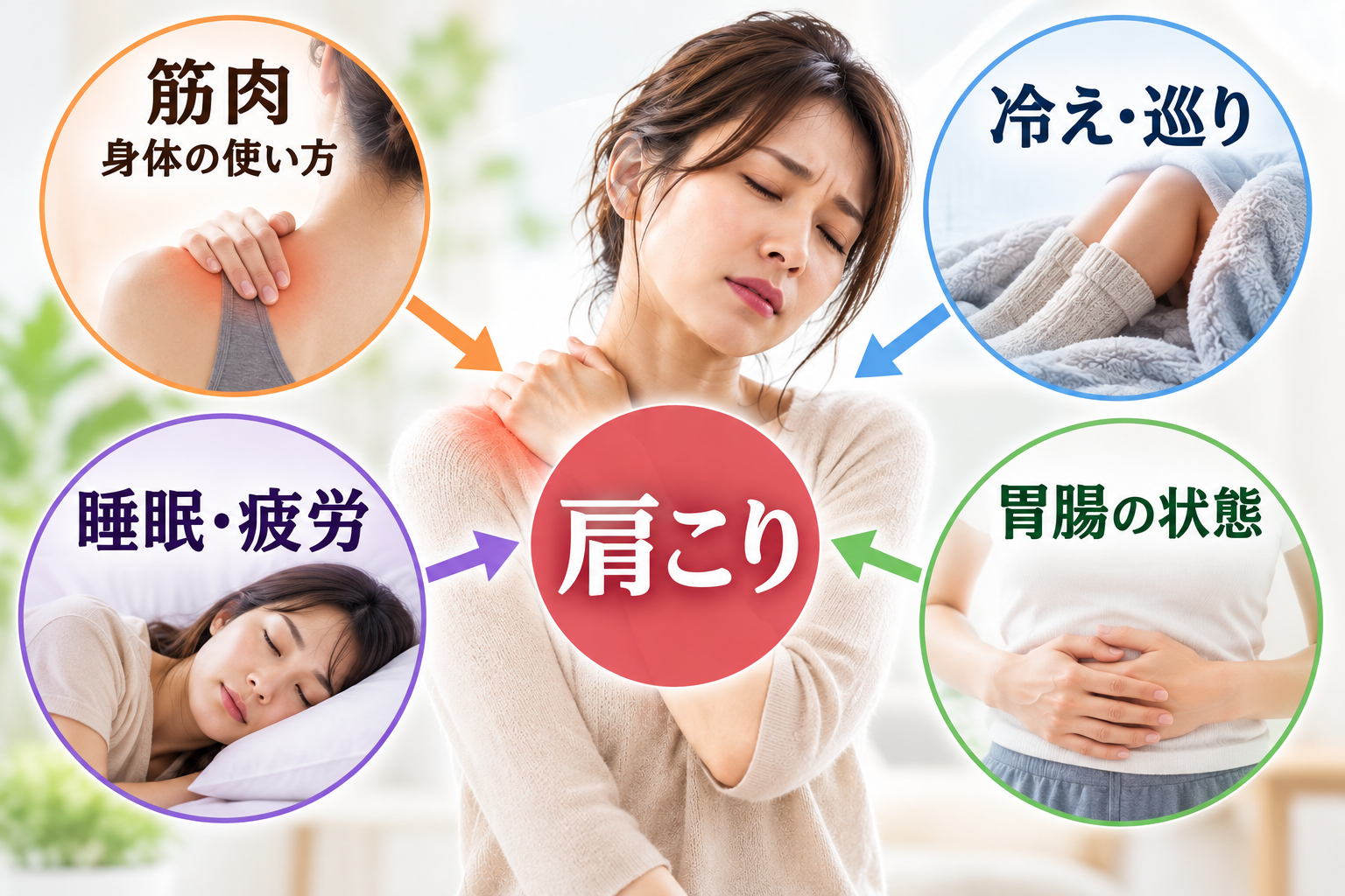 肩こりと冷え・睡眠・疲労などの背景の関係図